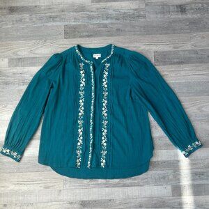 Wonderly Teal Blue Floral Embroidered Long Sleeve Button Down Size Large Q11
